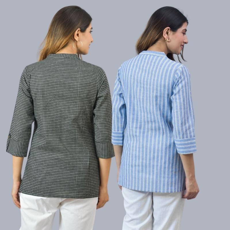 Combo of 2 Sky Blue and Black Cotton Checks and Stripe Women Top-10464