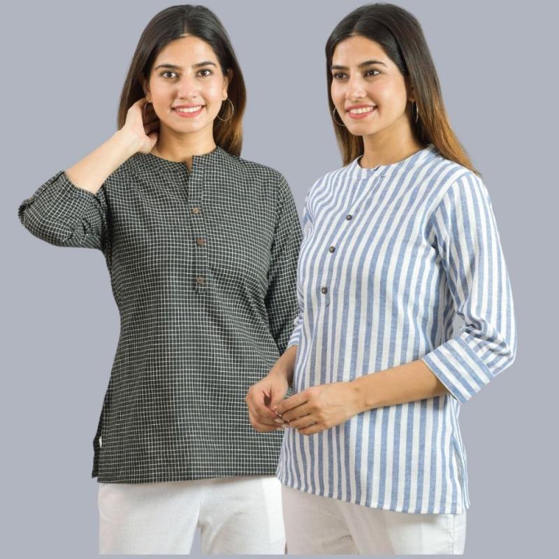 Combo of 2 Sky Blue and Black Cotton Checks and Stripe Women Top-10467