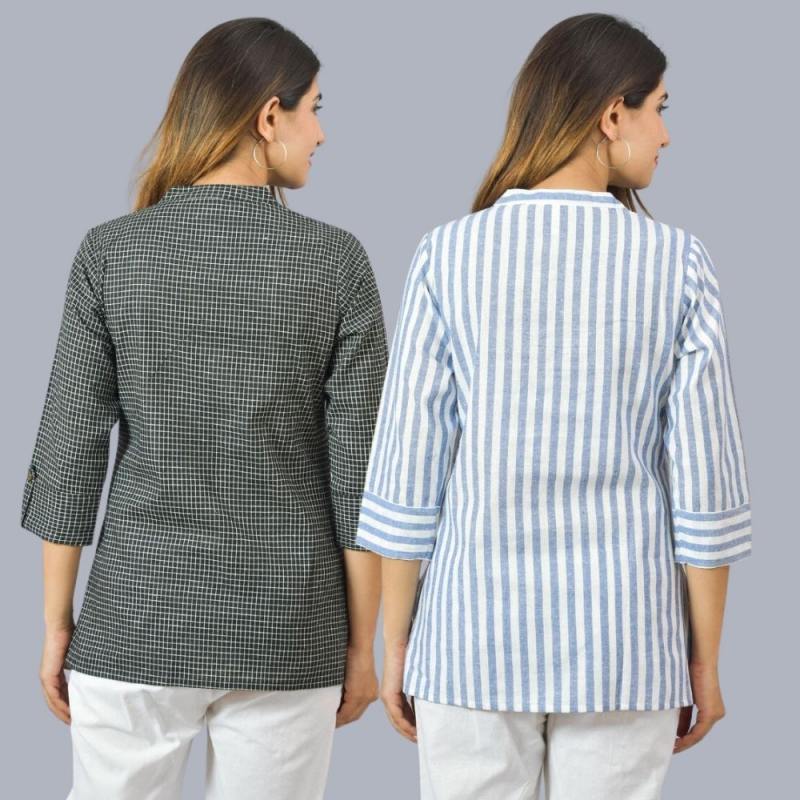 Combo of 2 Sky Blue and Black Cotton Checks and Stripe Women Top-10467