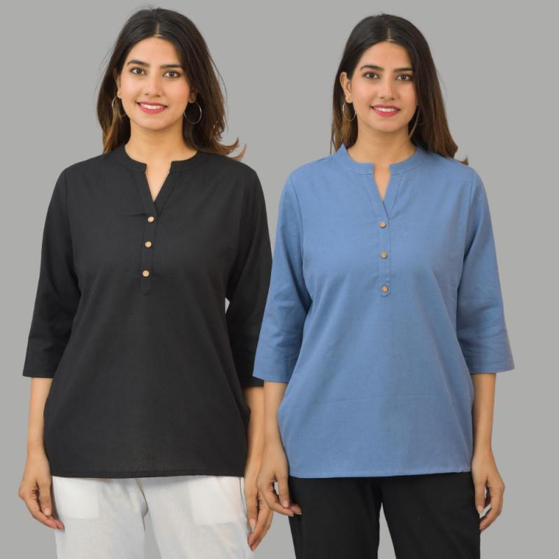 Combo of 2 Sky Blue and Black Cotton Flax Women Top-10428