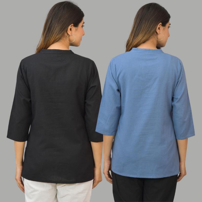 Combo of 2 Sky Blue and Black Cotton Flax Women Top-10428