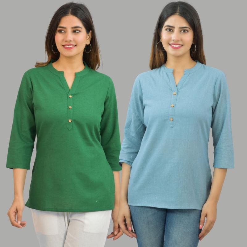 Combo of 2 Sky Blue and Bottle Green Cotton Flax Women Top-10635