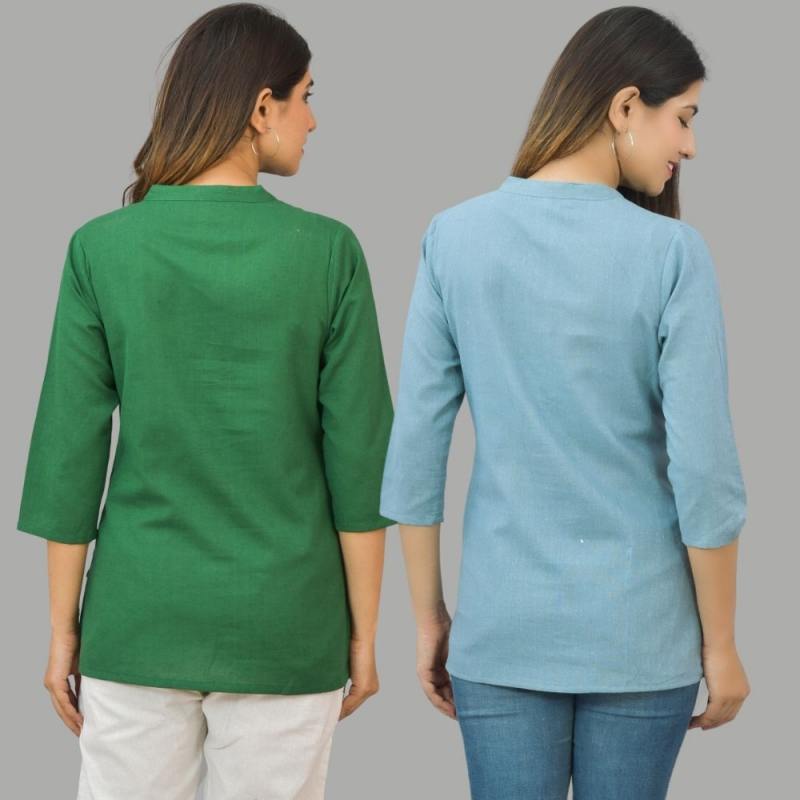 Combo of 2 Sky Blue and Bottle Green Cotton Flax Women Top-10635