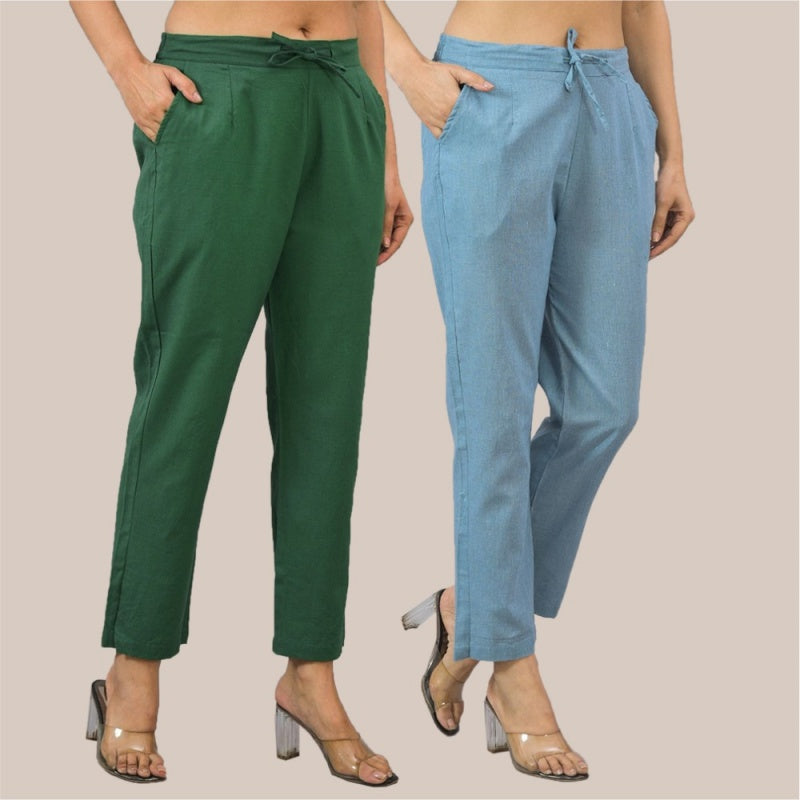 Combo of 2 Sky Blue and Bottle Green Cotton Flax Women Trouser Pant-10346