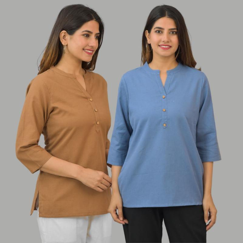 Combo of 2 Sky Blue and Brown Cotton Flax Women Top-10433