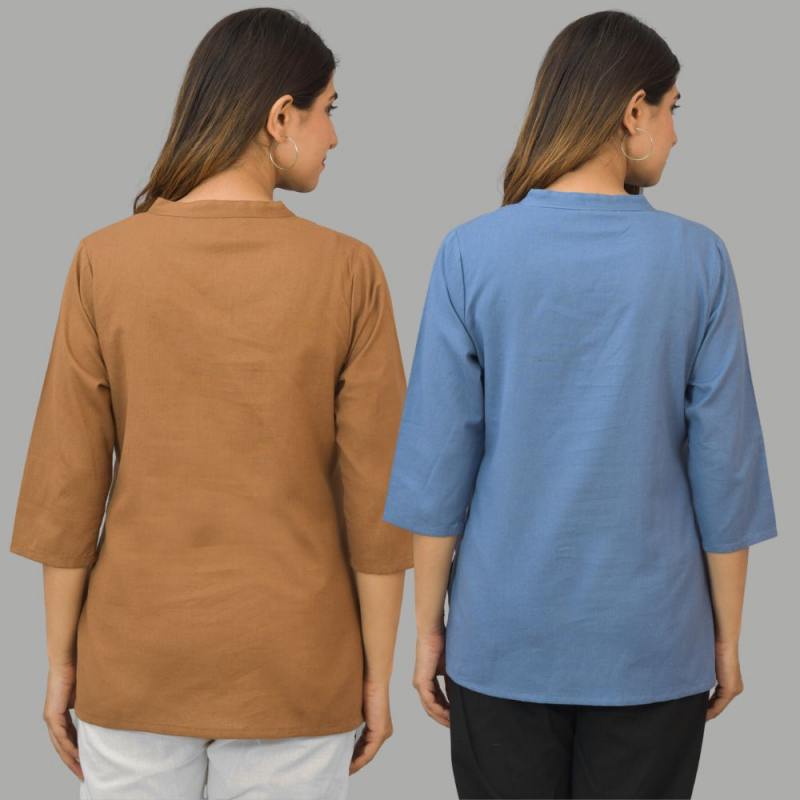 Combo of 2 Sky Blue and Brown Cotton Flax Women Top-10433