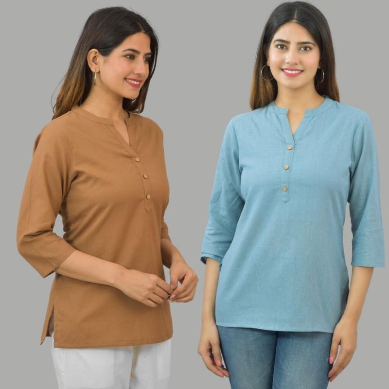 Combo of 2 Sky Blue and Brown Cotton Flax Women Top-10653