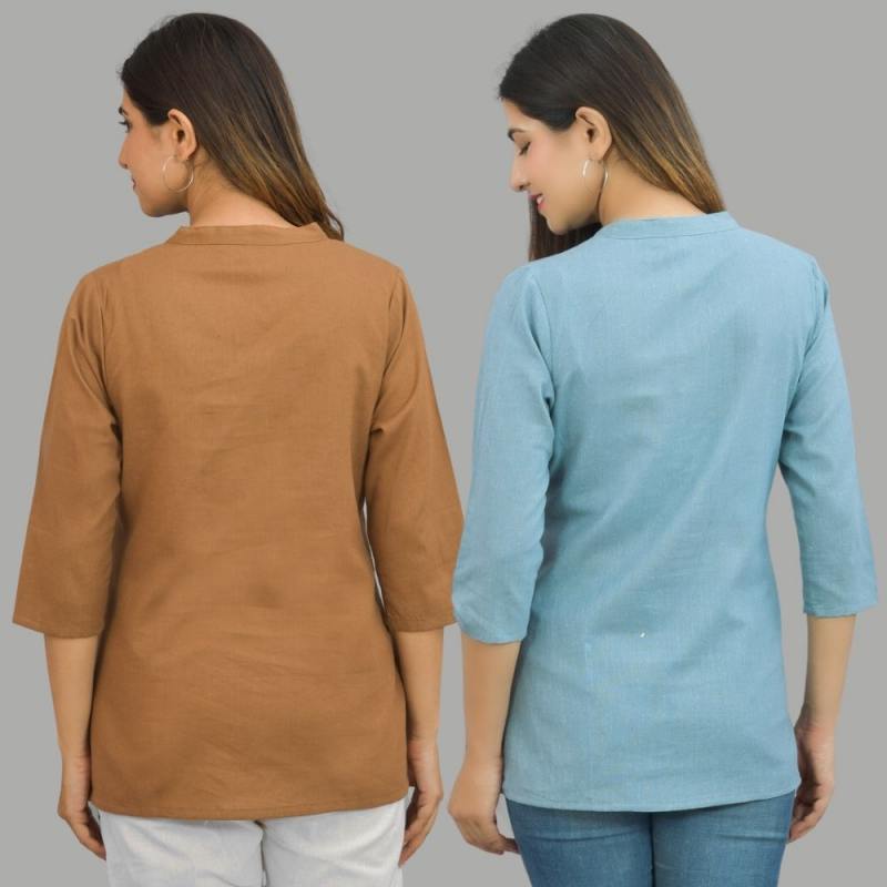 Combo of 2 Sky Blue and Brown Cotton Flax Women Top-10653
