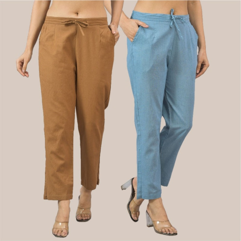 Combo of 2 Sky Blue and Brown Cotton Flax Women Trouser Pant-10356