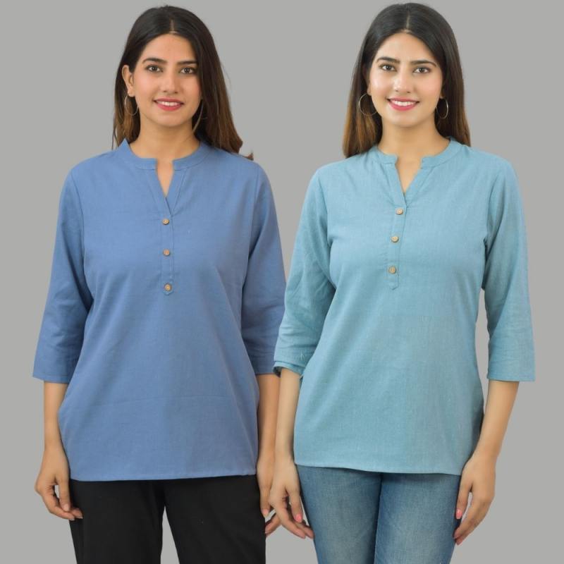 Combo of 2 Sky Blue and Denim Blue Cotton Flax Women Top-10671