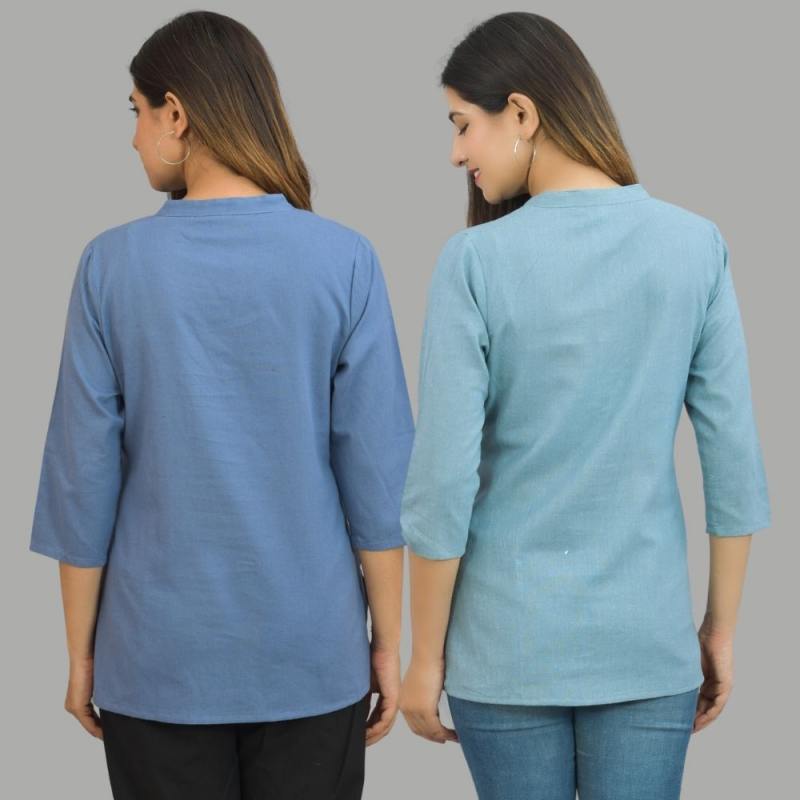Combo of 2 Sky Blue and Denim Blue Cotton Flax Women Top-10671