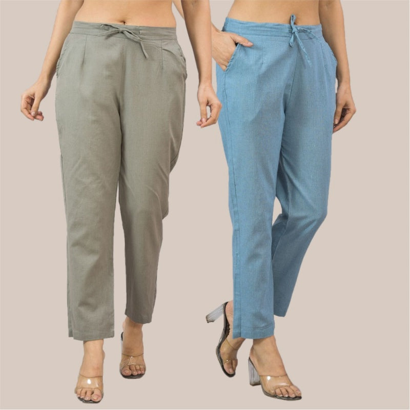 Combo of 2 Sky Blue and Gray Cotton Flax Women Trouser Pant-10365