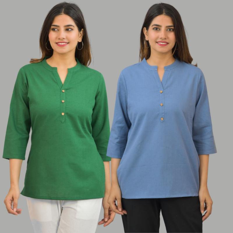 Combo of 2 Sky Blue and Green Cotton Flax Women Top-10415