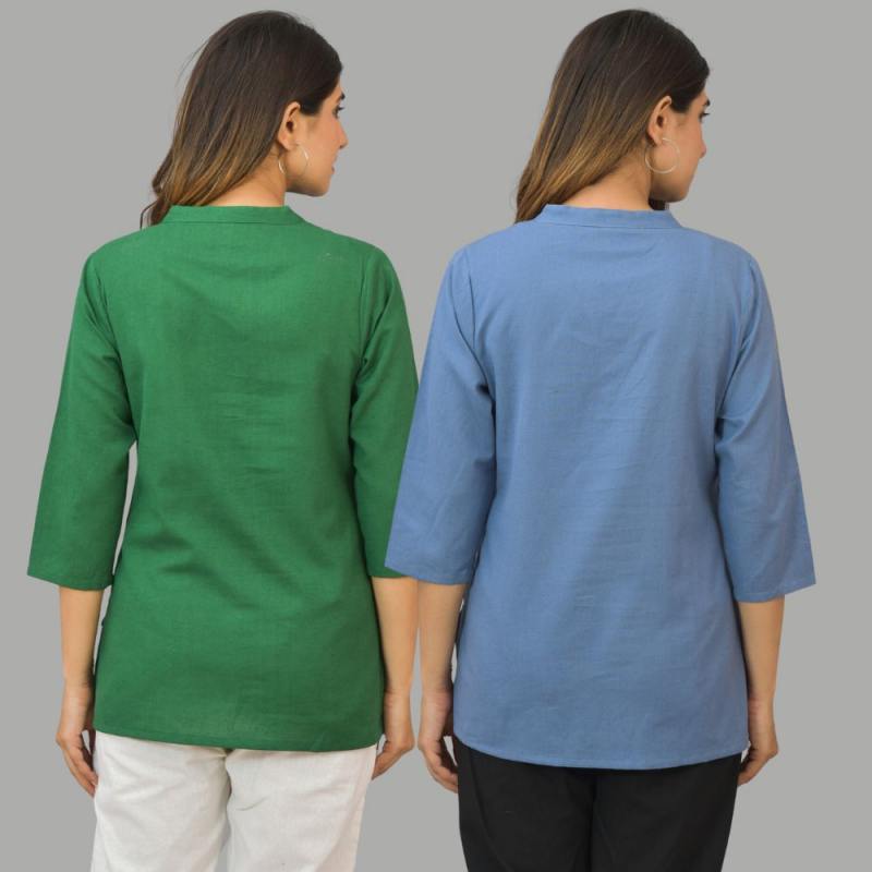Combo of 2 Sky Blue and Green Cotton Flax Women Top-10415