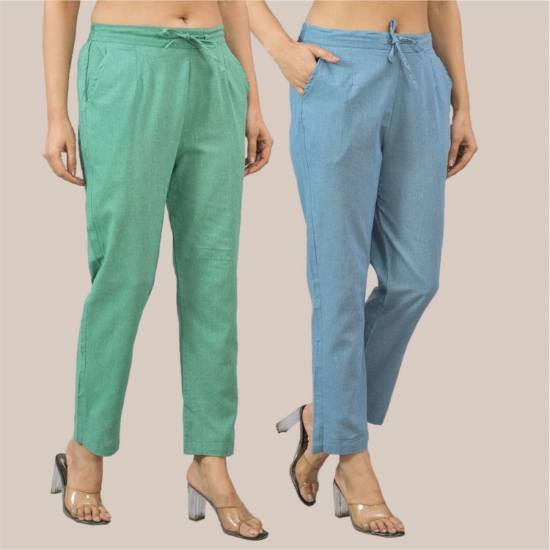Combo of 2 Sky Blue and Green Cotton Flax Women Trouser Pant-10373