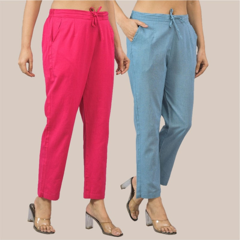 Combo of 2 Sky Blue and Magenta Pink Cotton Flax Women Trouser Pant-10380