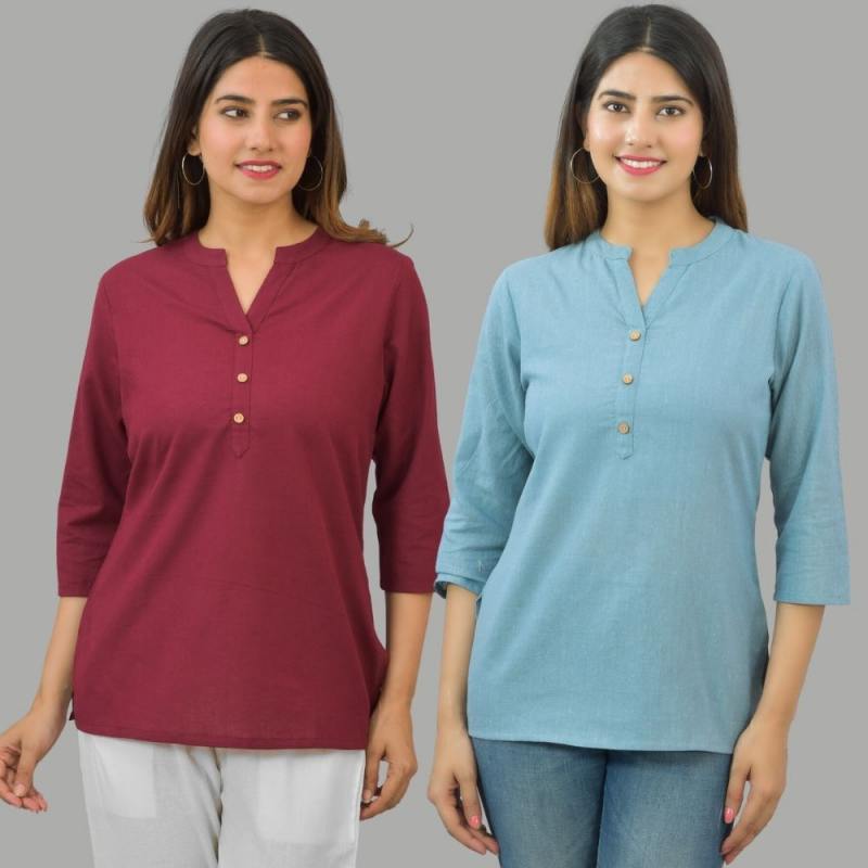 Combo of 2 Sky Blue and Maroon Cotton Flax Women Top-10659