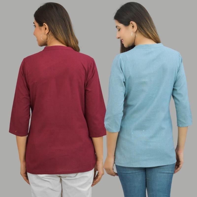 Combo of 2 Sky Blue and Maroon Cotton Flax Women Top-10659
