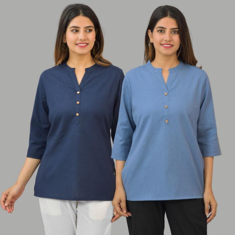 Combo of 2 Sky Blue and Navy Blue Cotton Flax Women Top-10422
