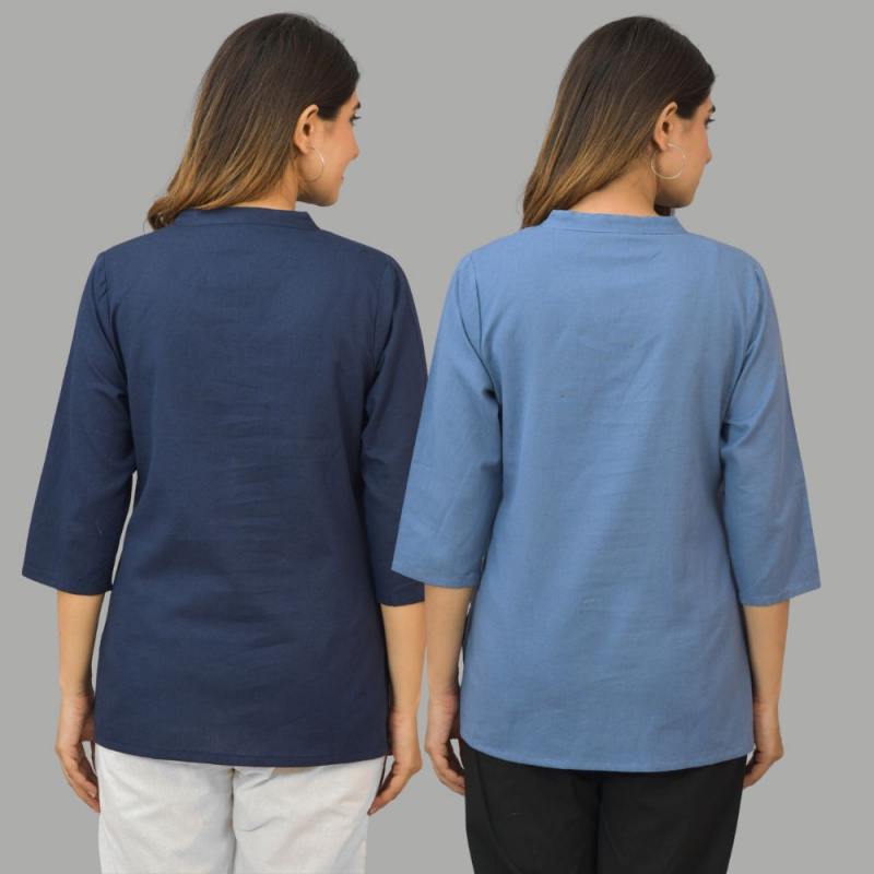 Combo of 2 Sky Blue and Navy Blue Cotton Flax Women Top-10422