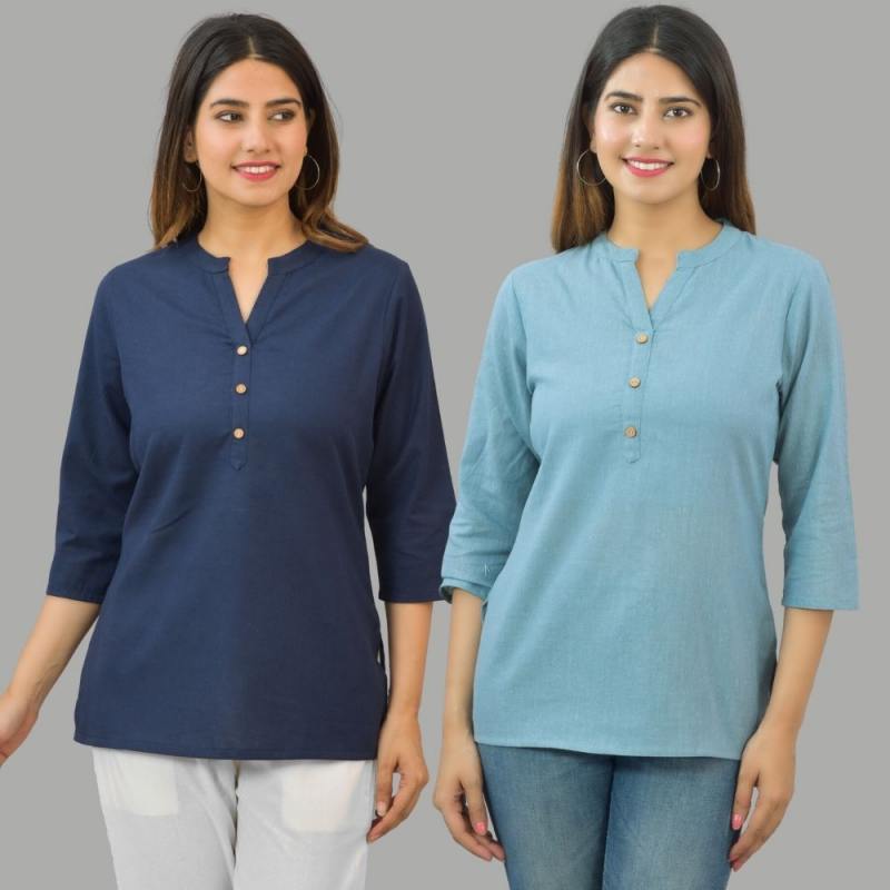 Combo of 2 Sky Blue and Navy Blue Cotton Flax Women top-10641