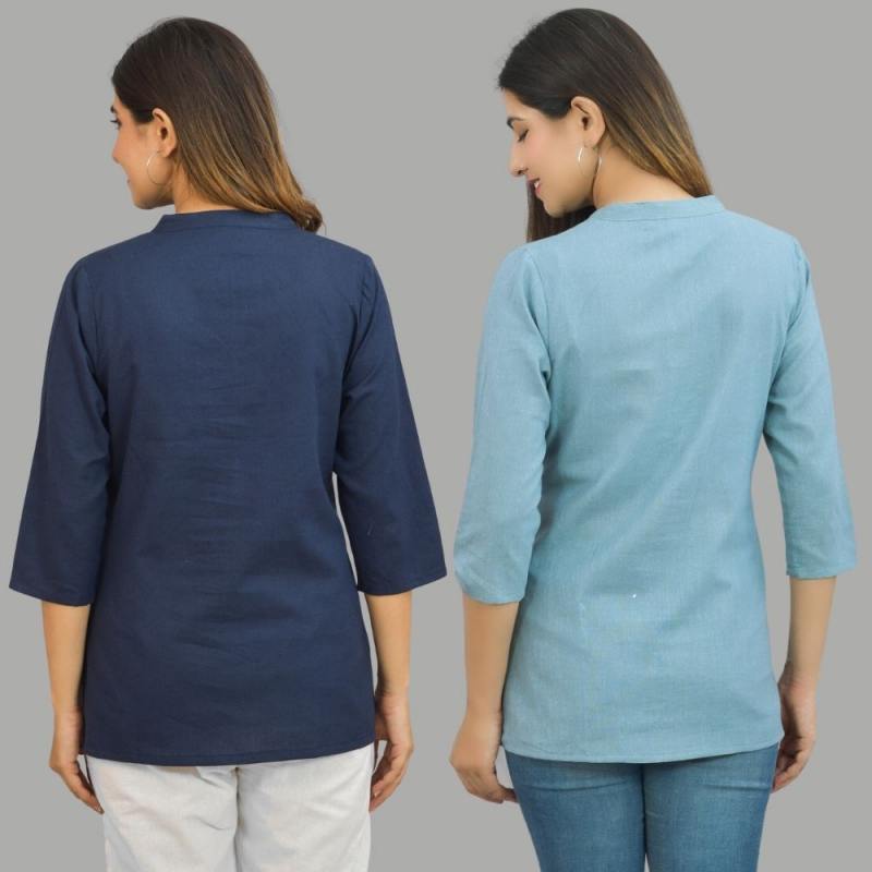 Combo of 2 Sky Blue and Navy Blue Cotton Flax Women top-10641