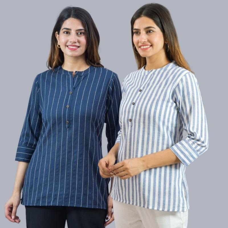 Combo of 2 Sky Blue and Navy Blue Cotton Stripe Women Top-10501