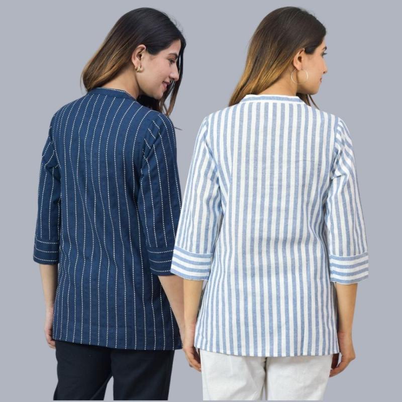 Combo of 2 Sky Blue and Navy Blue Cotton Stripe Women Top-10501