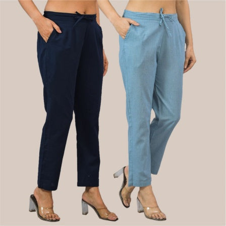 Combo of 2 Sky Blue and Navy Blue Cotton Flax Women Trouser Pant-10391