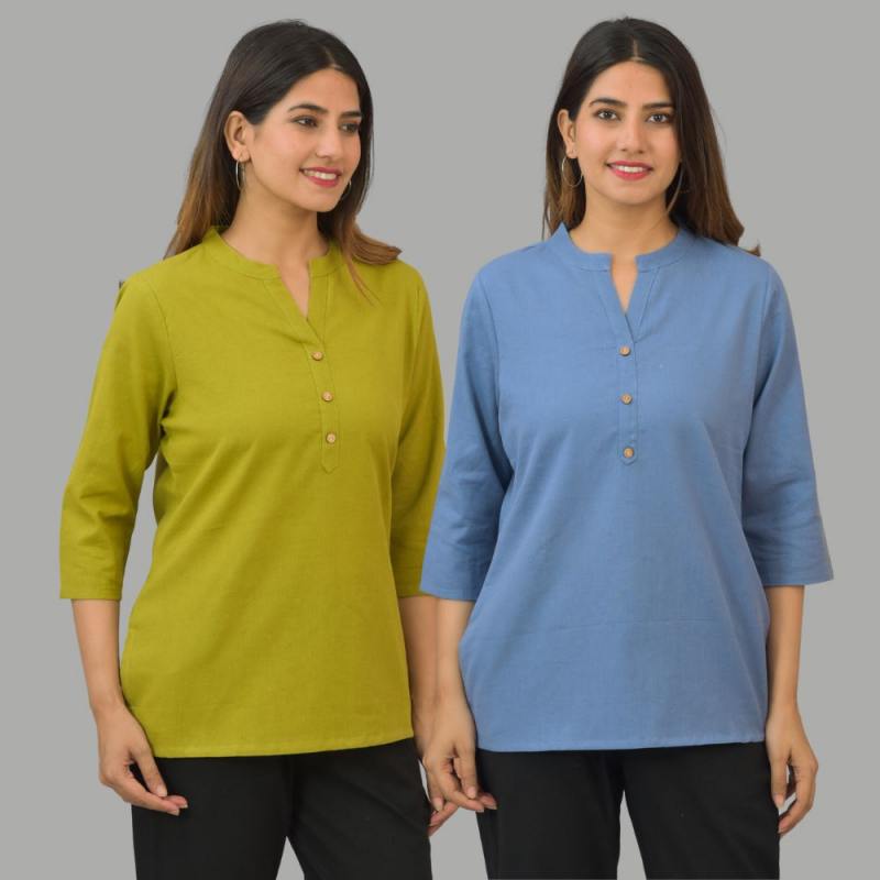 Combo of 2 Sky Blue and Olive Green Cotton Flax Women Top-10440