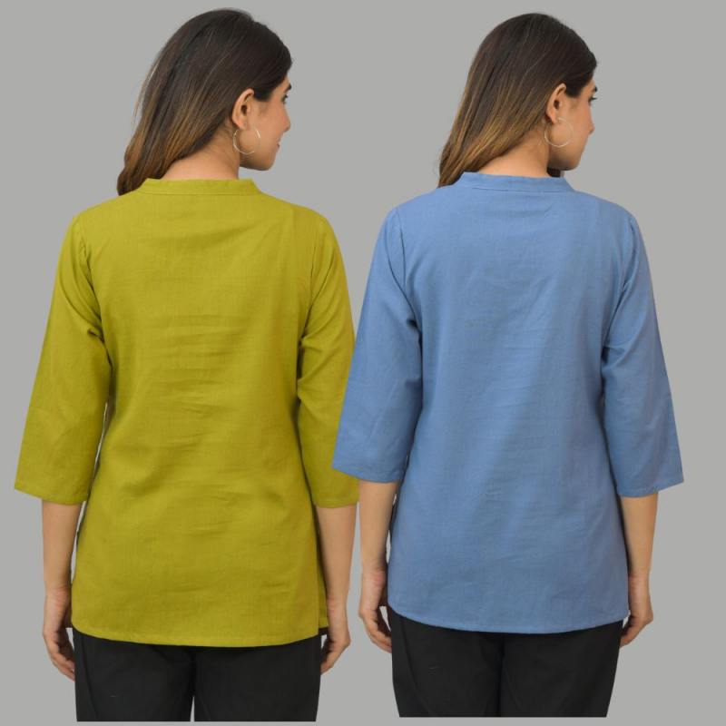 Combo of 2 Sky Blue and Olive Green Cotton Flax Women Top-10440