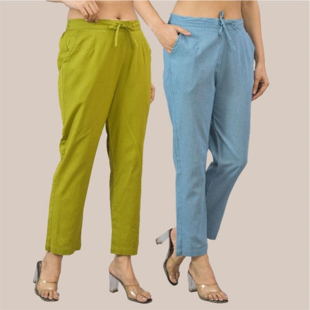 Combo of 2 Sky Blue and Olive Green Cotton Flax Women Trouser Pant-10395