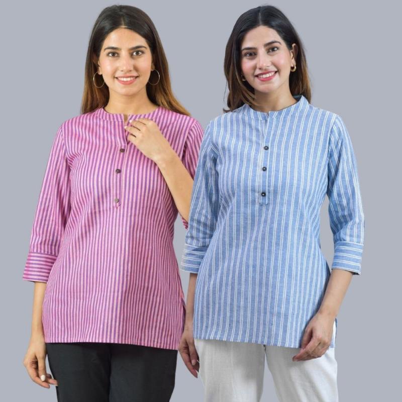 Combo of 2 Sky Blue and Purple Cotton Stripe Women Top-10504