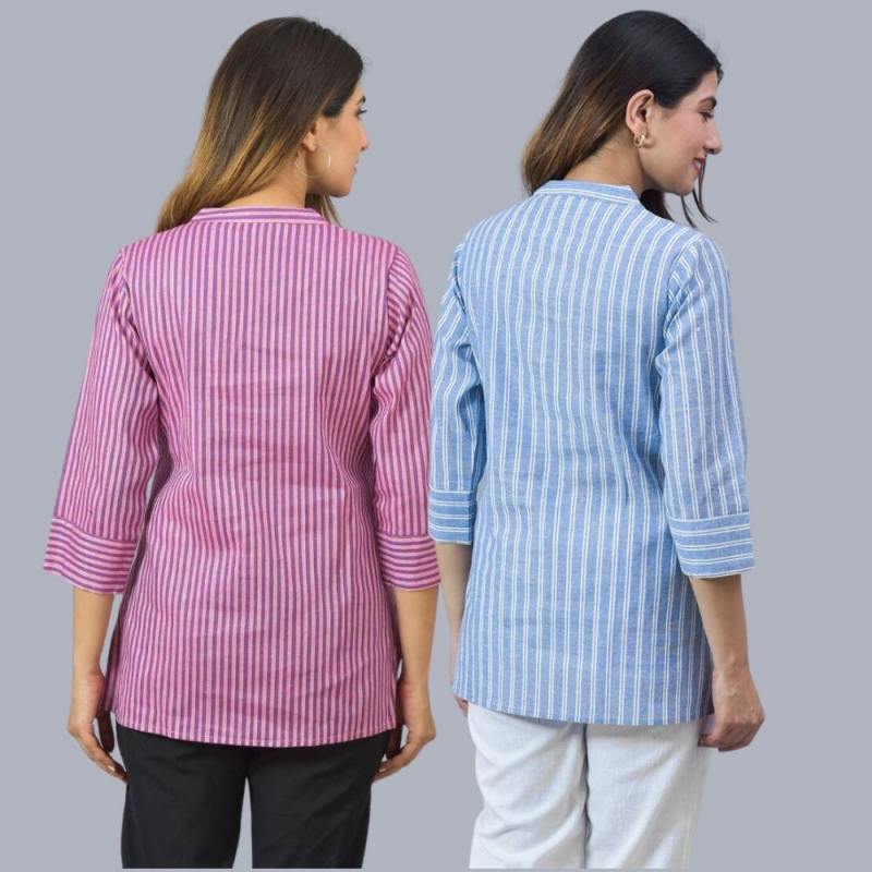 Combo of 2 Sky Blue and Purple Cotton Stripe Women Top-10504