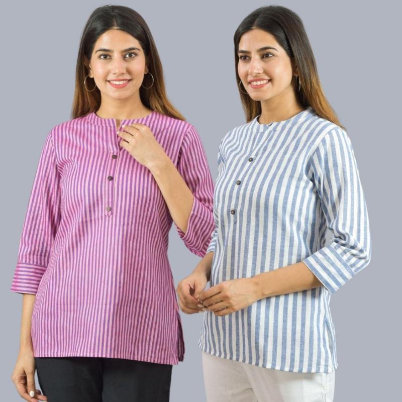 Combo of 2 Sky Blue and Purple Cotton Stripe Women Top-10507