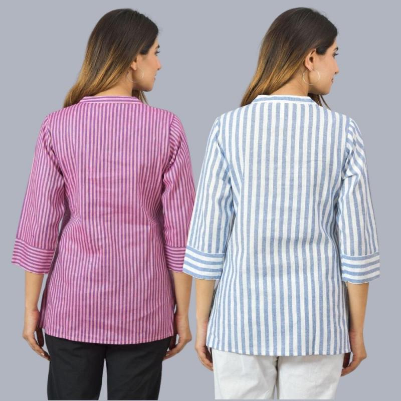 Combo of 2 Sky Blue and Purple Cotton Stripe Women Top-10507