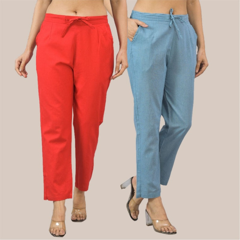 Combo of 2 Sky Blue and Red Cotton Flax Women Trouser Pant-10398