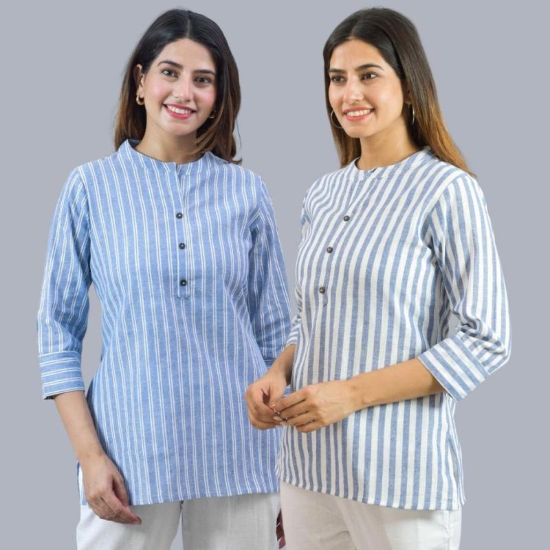 Combo of 2 Sky Blue and Sky Blue Cotton Stripe Women Top-10516