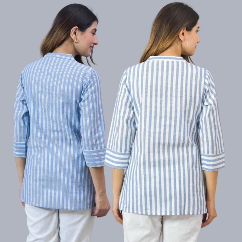 Combo of 2 Sky Blue and Sky Blue Cotton Stripe Women Top-10516
