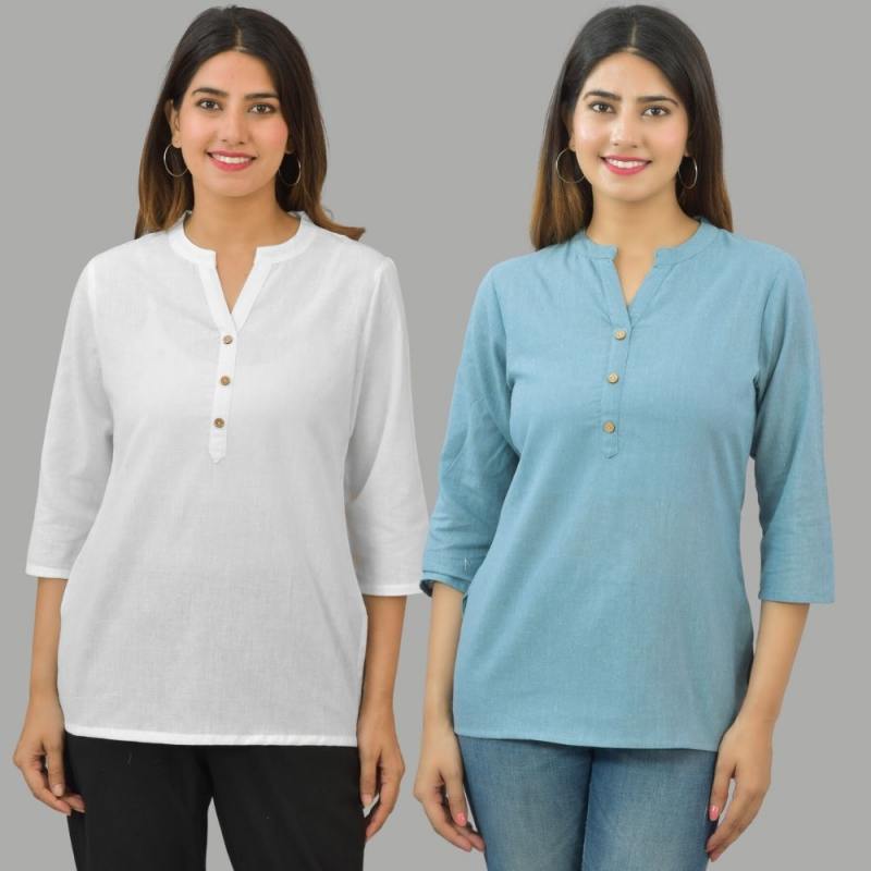 Combo of 2 Sky Blue and White Cotton Flax Women Top-10677