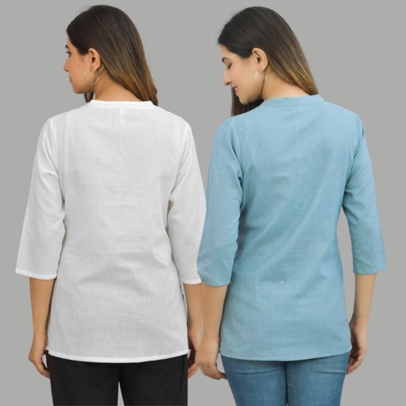 Combo of 2 Sky Blue and White Cotton Flax Women Top-10677