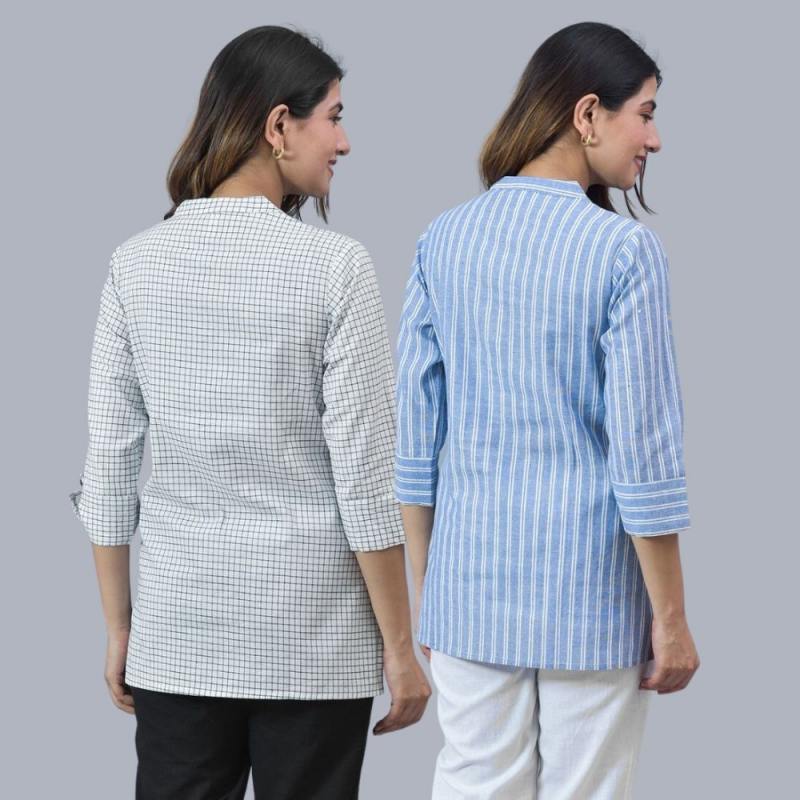 Combo of 2 Sky Blue and White Cotton Stripe Women Top-10483