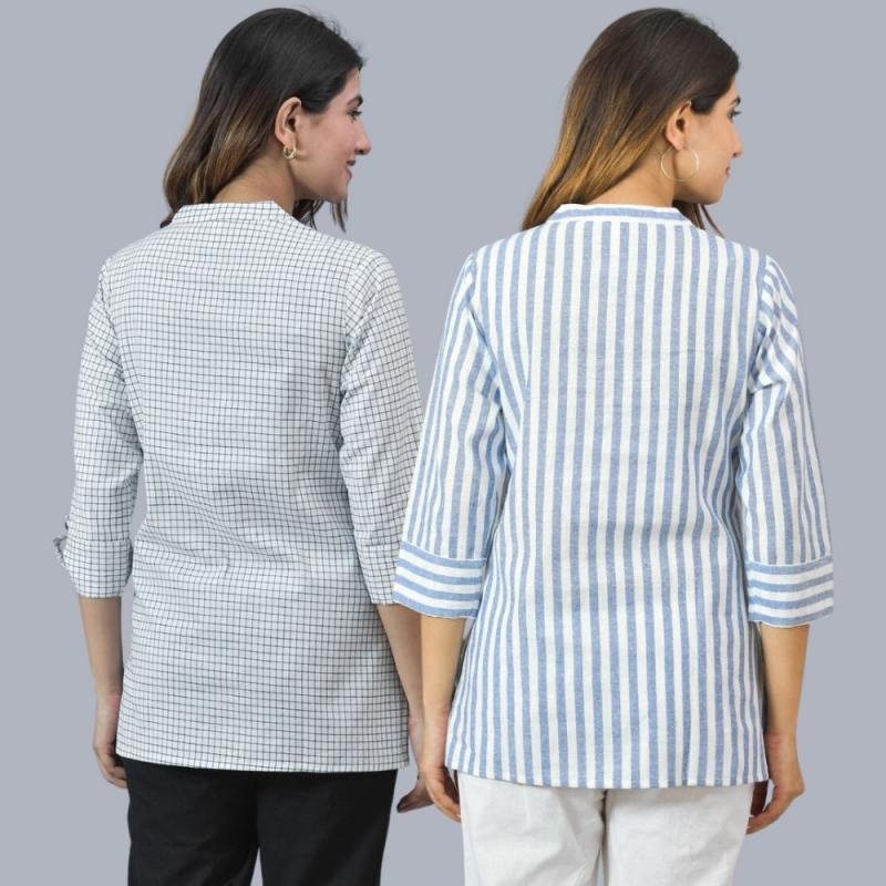 Combo of 2 Sky Blue and White Cotton Stripe Women Top-10486
