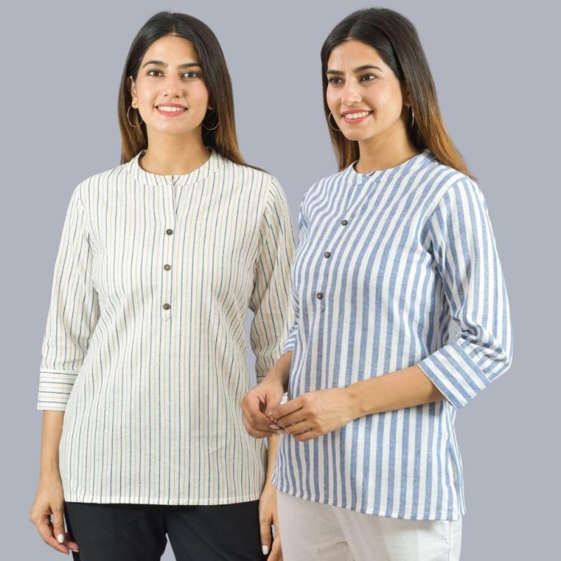 Combo of 2 Sky Blue and White Cotton Stripe Women Top-10521