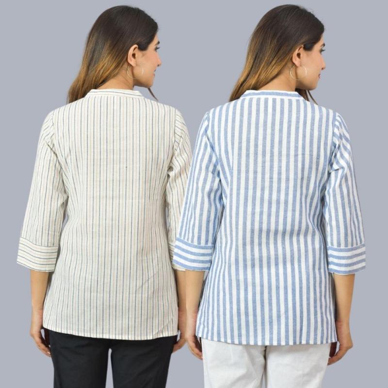 Combo of 2 Sky Blue and White Cotton Stripe Women Top-10521