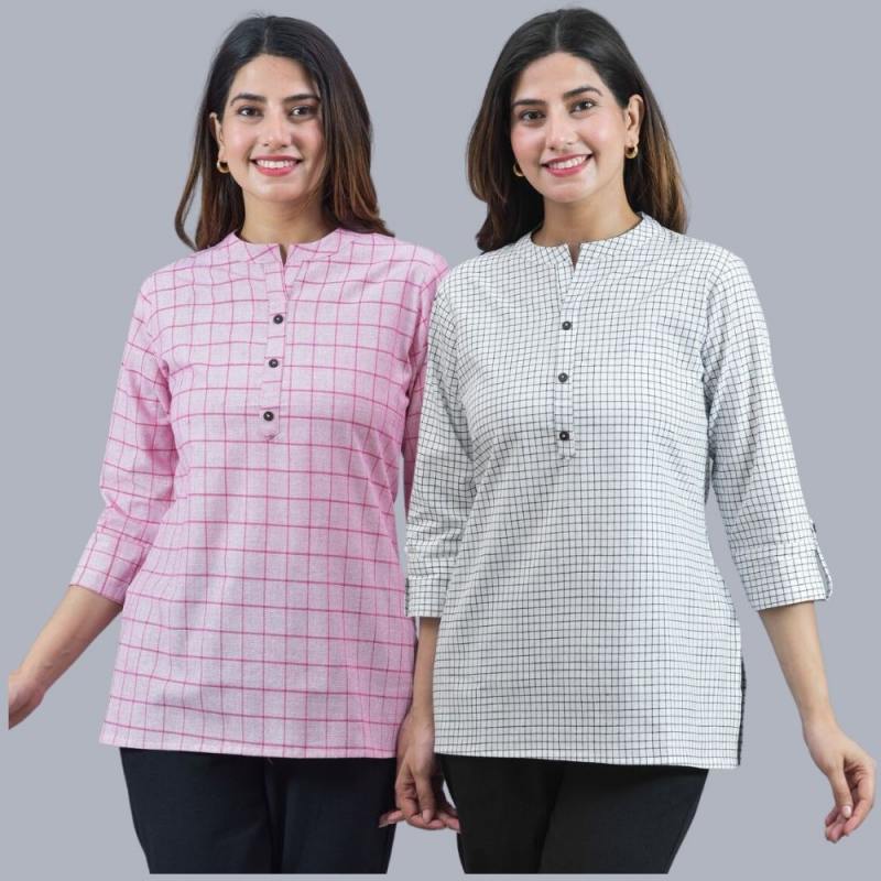 Combo of 2 White and Baby Pink Cotton Checks Women Top-10469