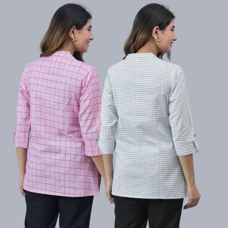 Combo of 2 White and Baby Pink Cotton Checks Women Top-10469