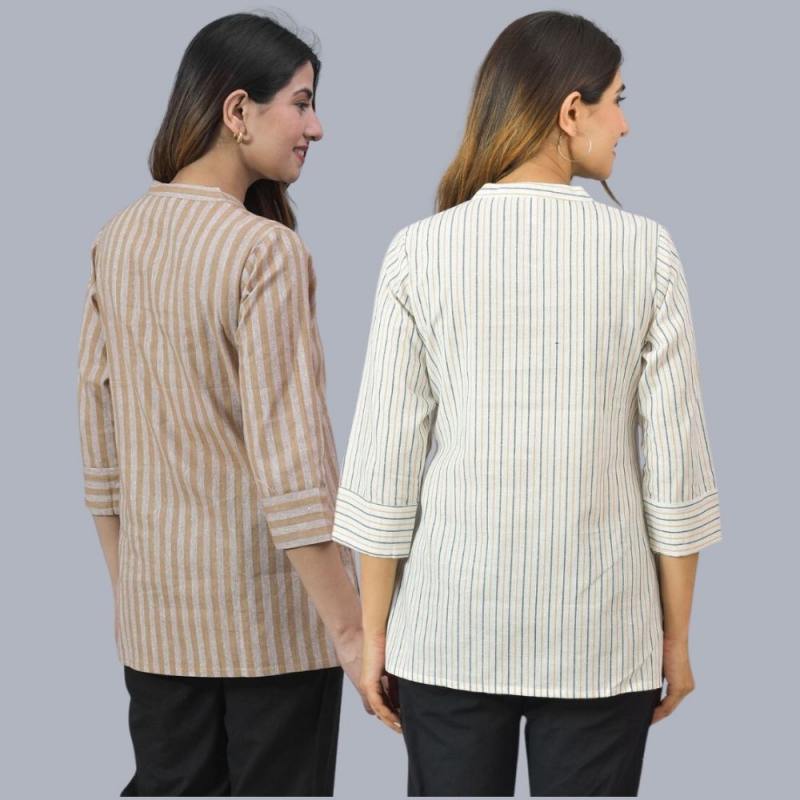 Combo of 2 White and Beige Cotton Stripe Women Top-10493