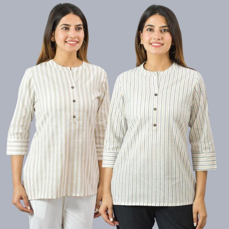 Combo of 2 White and Beige Cotton Stripe Women Top-10518