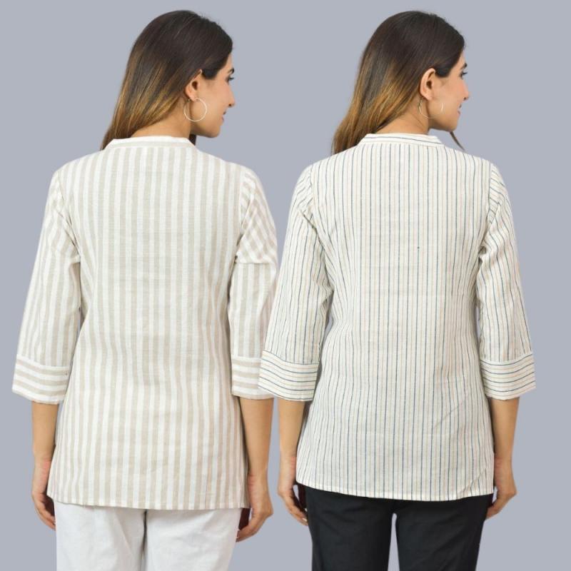 Combo of 2 White and Beige Cotton Stripe Women Top-10518